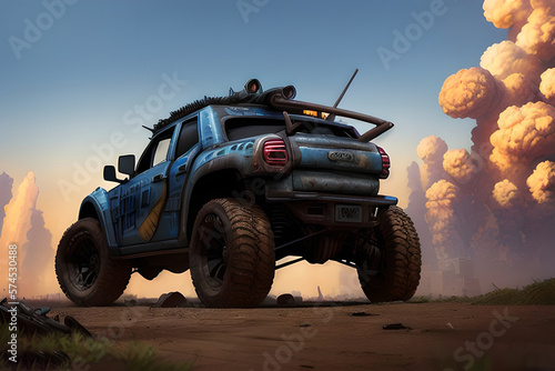 Apocalyptic Dune Buggy in Desert Landscape Rising Plums of Smoke Blue Sky Background Generative Ai Illustration