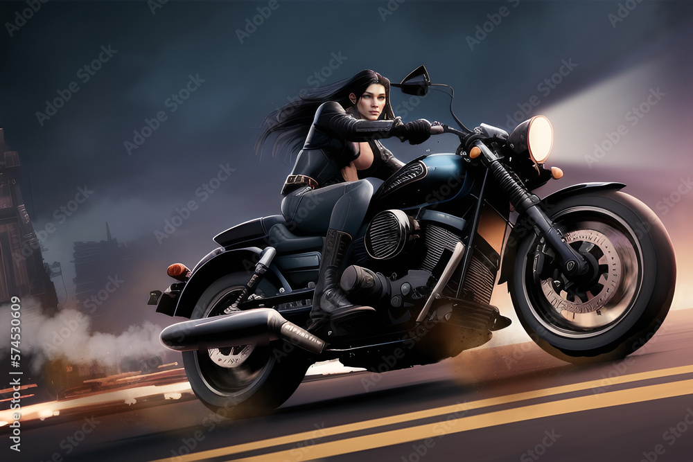 Illustrated Woman Riding a Racing Motorcyclye at Night Generative AI Illustration