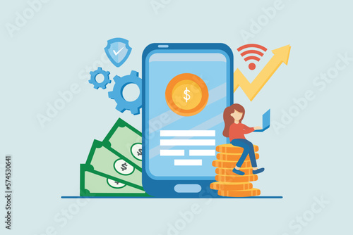 Vector illustration graphic of online transaction payment. Smartphone e-wallet payment app, cashless fintech technology landing page template. Finance and business concept icon. Flat style design