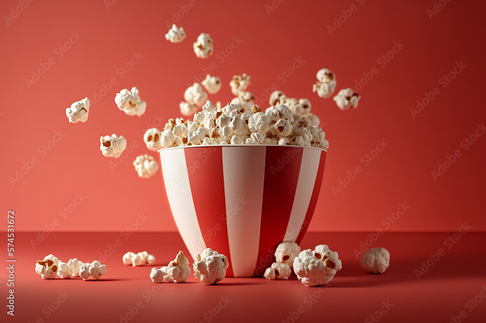 Popcorn on Red background, Generative Ai