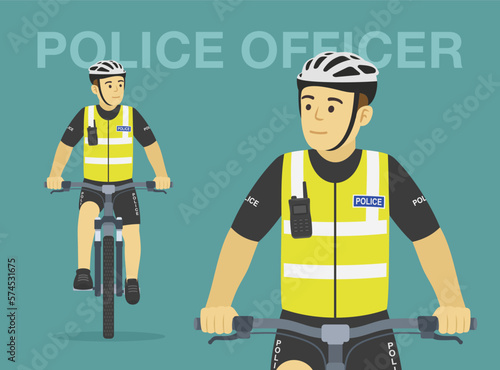Isolated european bicycle patrol. Police officer on bike. Perspective front view. Flat vector illustration template.
