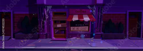 Abandoned facade of closed cafe at night. Vector cartoon illustration of bankrupt coffee shop exterior with cobweb, dust on wall, broken window glass, boarded door. Dangerous district. Business crisis