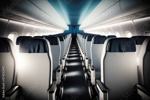 A long row of navy blue seats, with their headrests tucked away, stands unoccupied in the interior of an airplane. AI generative