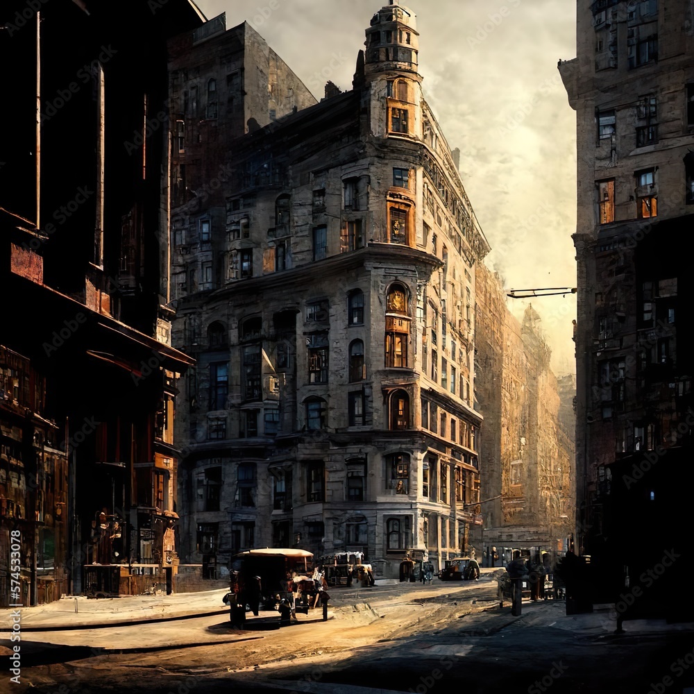 1920's city at sunset 