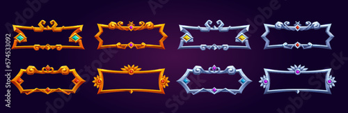 Fantasy golden and silver frames for rpg game interface. Empty banners or title bars with fancy gold and metal medieval borders with gems, vector cartoon set isolated on background