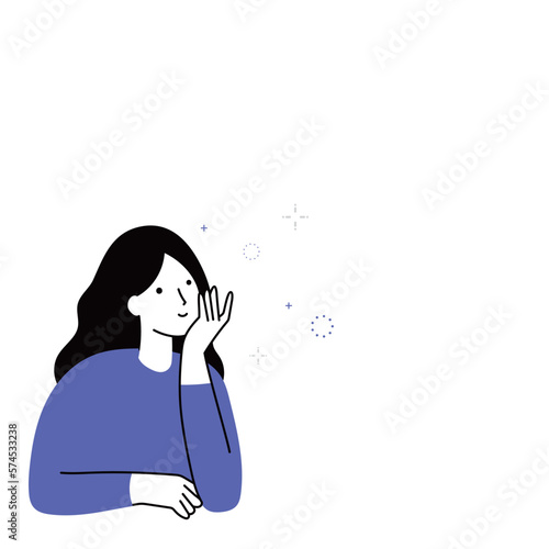 線画｜なりたいもの・ほしいものを思い浮かべて笑う若い女性｜mayucolor08