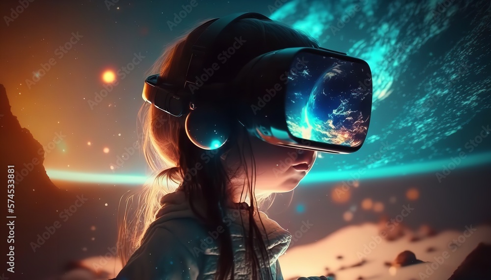 Concept of the metaverse with a child donning a virtual reality headset ...