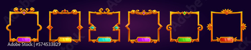 Fantasy game square gold user avatar frame set cartoon vector label. Medieval ui interface for winner rank empty border on dark background. Different color ancient ornament boarder template with gem
