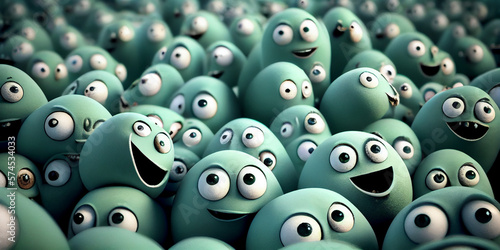 Crowd of Surprised Green Egg Like Creatures. Generative ai