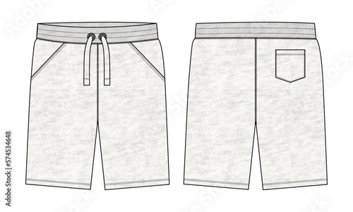 Cotton fleece fabric Shorts pant illustration template front and back views. 