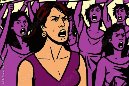 Angry Feminist Cartoon Characters, color purple. International women's day.