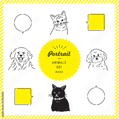 動物のポートレートイラストセット（モノクロ）