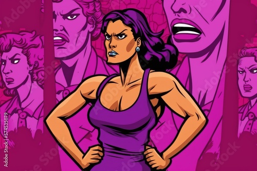 An empowered woman for women's rights in cartoon form, color purple. International women's day.