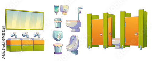 Cartoon set of school toilet interior elements isolated on white background. Contemporary vector illustration of wc cubicles, sinks, mirrors, urinal, soap and tissue dispensers, waste bin, hand dryer