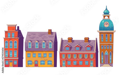 Cartoon set of Scandinavian buildings isolated on white background. Contemporary vector illustration houses with old facades, retro windows, wooden doors, city hall tower. European architecture style