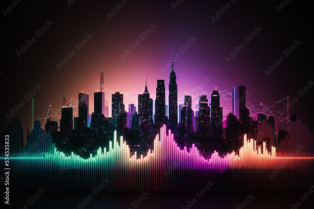 a colorful neon light sound wave with a city skyline in the background. Generative AI a colorful neon light sound wave with a city skyline in the background. Generative AI