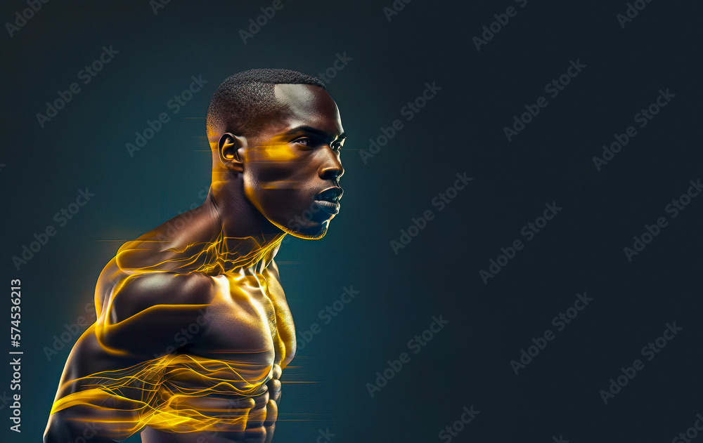 A Powerful and Determined Dark-skinned Athlete's Head and Shoulders in Profile, with Sleek Cyborg Tech Lines running Through his Body made with Generative AI A Powerful and Determined Dark-skinned Athlete's Head and Shoulders in Profile, with Sleek Cyborg Tech Lines running Through his Body made with Generative AI