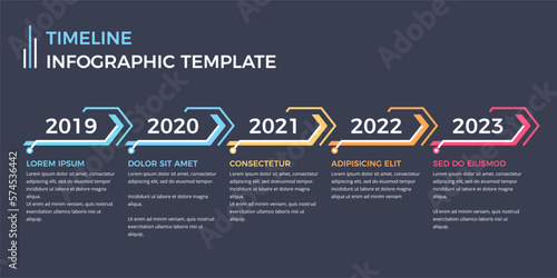 Timeline infographics template with five arrows with place for icons and text, dark background