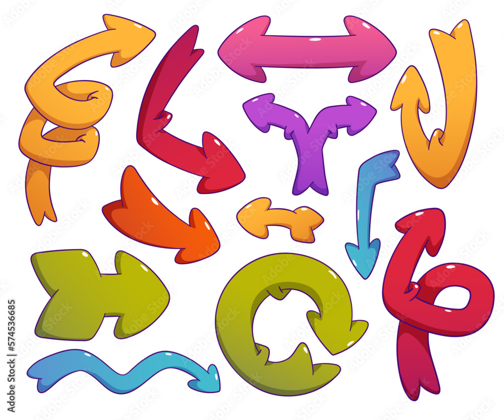 Set of quirky arrows isolated on background. Vector illustration of contemporary cartoon spiral, round, twisted pointers for app ui design. Bright playful game png collection, turn or direction symbol Set of quirky arrows isolated on background. Vector illustration of contemporary cartoon spiral, round, twisted pointers for app ui design. Bright playful game png collection, turn or direction symbol