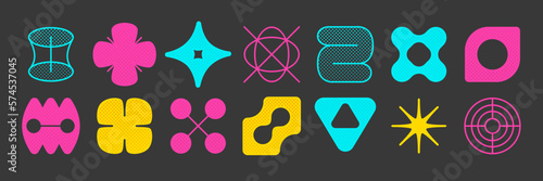 Set of colorful brutalism shapes isolated on black background. Vector illustration of abstract flower, rhombus, star, curve figures in yellow, pink and blue colors. 90s retro bold geometry symbols