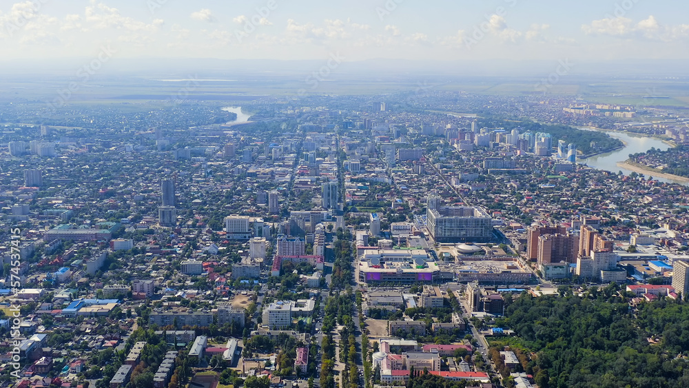 Krasnodar, Russia - August 29, 2020: Krasnaya street. Flight over the city center in summer, Aerial View