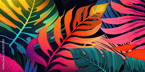 Generative AI exotic pattern with palm leaves. Bright tropical background. Horizontal wide photo subtitle  cover.