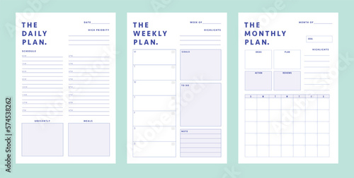 3 set of Daily, Weekly, Monthly Planner template. Make your day more easily and happy. Vector template.
