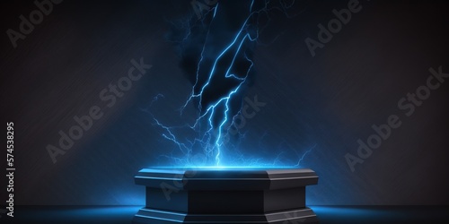 Photographie Dark empty podium with lightning scene for product presentation.