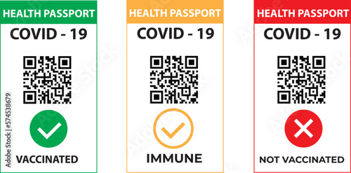 Vaccine passport or COVID 19 certificate in smartphone. Health passport and certificate of vaccine, confirmation of immunity from coronavirus with qr code for control of safety in phone app. Vector