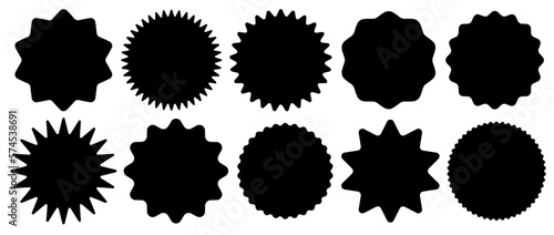 Set of black price sticker, sale or discount sticker, sunburst badges icon. Stars shape with different number of rays. Special offer price tag. Red starburst promotional badge set, shopping labels