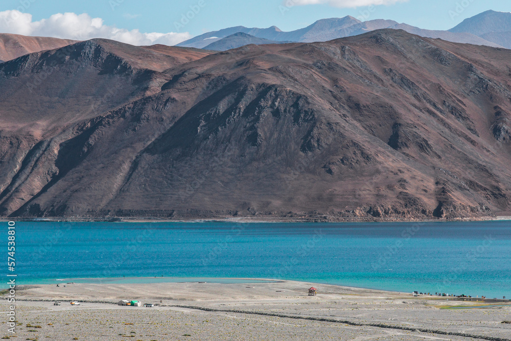 beautiful landscape comparing the giant mountain the lake and the beach , Leh Ladakh, India