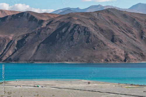 beautiful landscape comparing the giant mountain the lake and the beach , Leh Ladakh, India