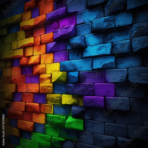 Colorful grunge art wall panting background. graffiti brick wall colorful background. Colorful brick wall texture. Brick wall, background, neon light.