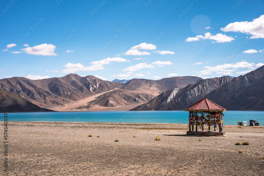 beautiful landscape traveling with red hexagon pavilion of Pangong tso, Leh Ladakh, India beautiful landscape traveling with red hexagon pavilion of Pangong tso, Leh Ladakh, India