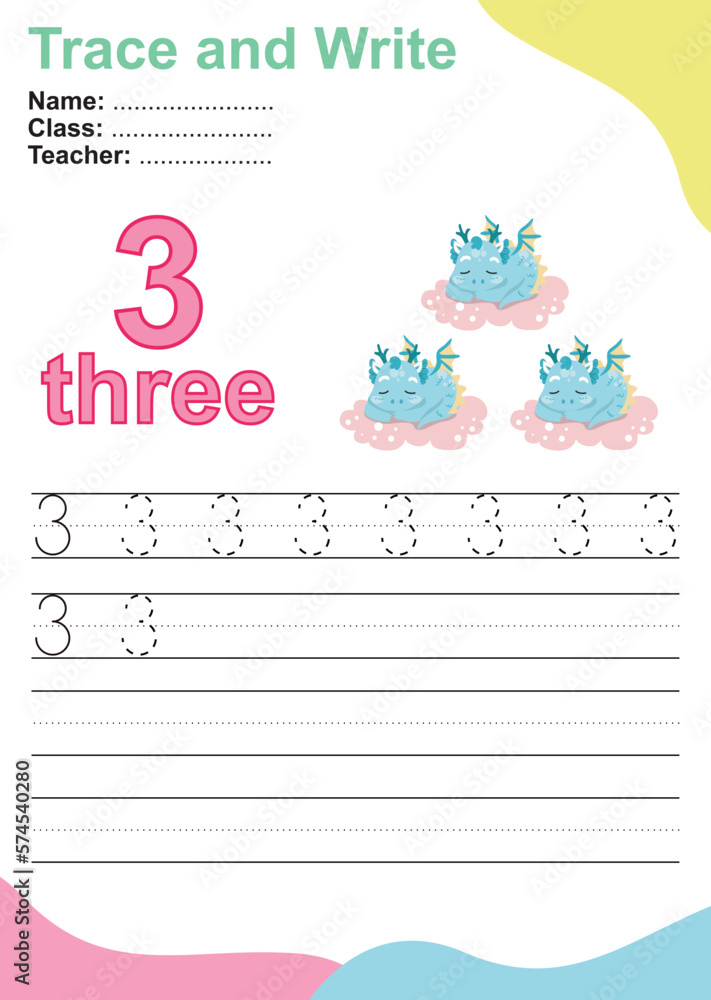 Number three tracing practice worksheet with three baby dragons sleeping on the cloud for kids learning to count and to write. Vector Illustration. Exercise for children to recognize the number. Number three tracing practice worksheet with three baby dragons sleeping on the cloud for kids learning to count and to write. Vector Illustration. Exercise for children to recognize the number.