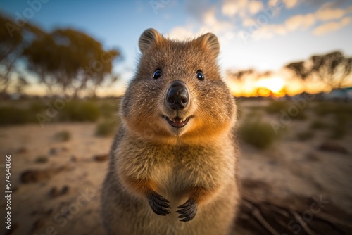 A cute smiling quokka is looking at the camera at sunset. Australian fauna. Photorealistic illustration generated by AI.