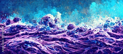 Abstract sea foam splash bubbles, detailed turbulent ocean waves surf. Vivid watercolor purple and blue grungy texturing, bokeh blur background glitter and sparkle - generative AI. © SoulMyst