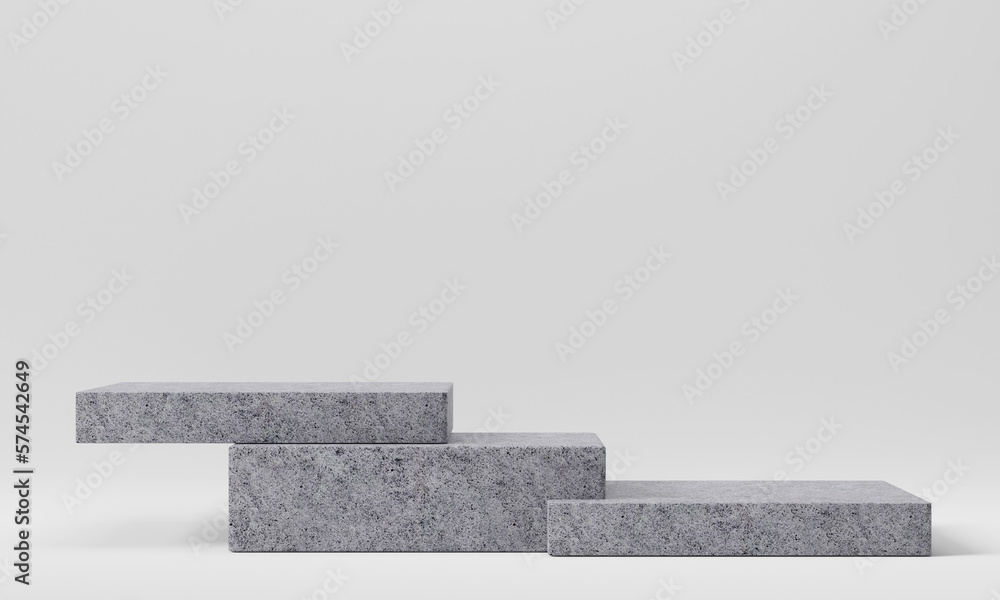 Step concrete podiums on white background. Abstract pedestal scene with geometrical. Scene to show cosmetic products presentation. Mock up design empty space. 3d render.. Step concrete podiums on white background. Abstract pedestal scene with geometrical. Scene to show cosmetic products presentation. Mock up design empty space. 3d render..