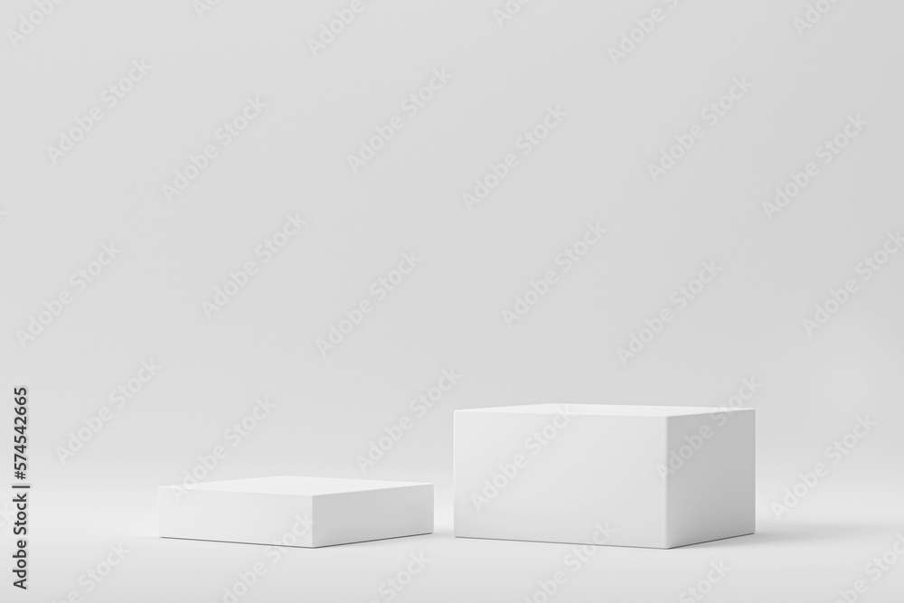 Abstract background with white podiums. Geometrical shapes for a modern pedestal display of cosmetics. Empty space mockup design with a studio platform template. 3D render effect. Abstract background with white podiums. Geometrical shapes for a modern pedestal display of cosmetics. Empty space mockup design with a studio platform template. 3D render effect.