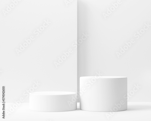  White podiums on an abstract, minimalistic background. Geometric shapes for a modern pedestal to show cosmetics. Empty space mockup for design. Studio platform template with 3D render.