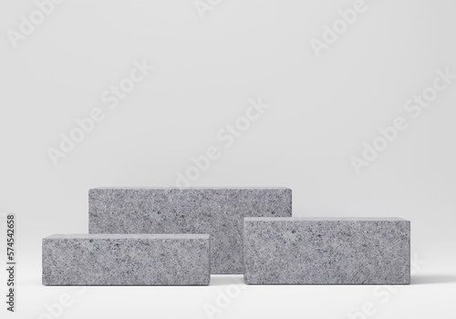 Place your feet firmly onto a concrete podium on a white backdrop. Abstract display with geometric shapes. Scene to present cosmetic products show. Mock up design with an empty area. 3D Rendering