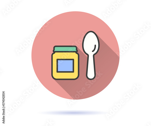 Jar with spoon for baby food icon with long shadow for graphic and web design.