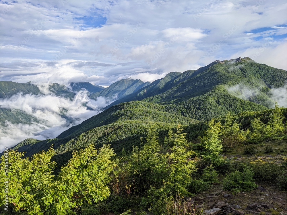 View of Mt. Hoo Sanzan from near Mt. Tsuji in Minami Alps City, Yamanashi Prefecture, Japan in August.