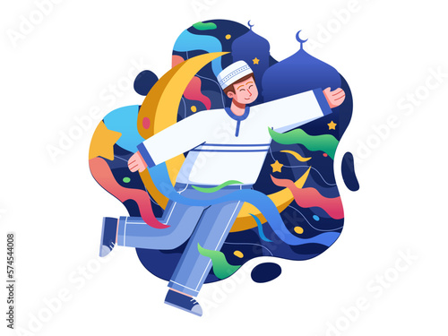 An illustration depicts a Muslim man expressing his happiness while celebrating the holy month of Ramadan. The design is filled with colorful elements that symbolize the joy and spirit of the festive.