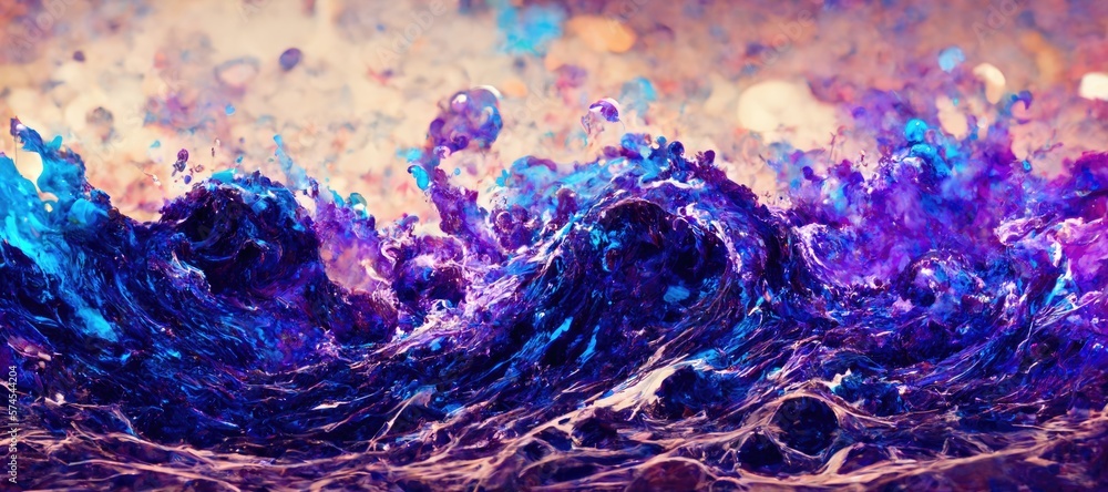 Abstract sea foam splash bubbles, detailed turbulent ocean waves surf. Vivid watercolor purple and blue grungy texturing, bokeh blur background glitter and sparkle - generative AI. Abstract sea foam splash bubbles, detailed turbulent ocean waves surf. Vivid watercolor purple and blue grungy texturing, bokeh blur background glitter and sparkle - generative AI.
