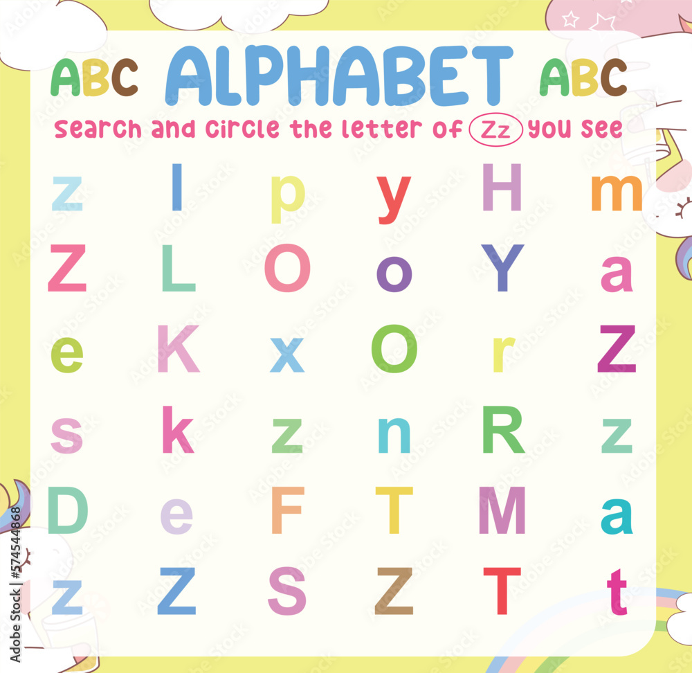 Search and circle the uppercase and lowercase of every Z letter on the worksheet. Learning the alphabet for kindergarten and preschool children. Colorful and printable page. Educational worksheet. Search and circle the uppercase and lowercase of every Z letter on the worksheet. Learning the alphabet for kindergarten and preschool children. Colorful and printable page. Educational worksheet.