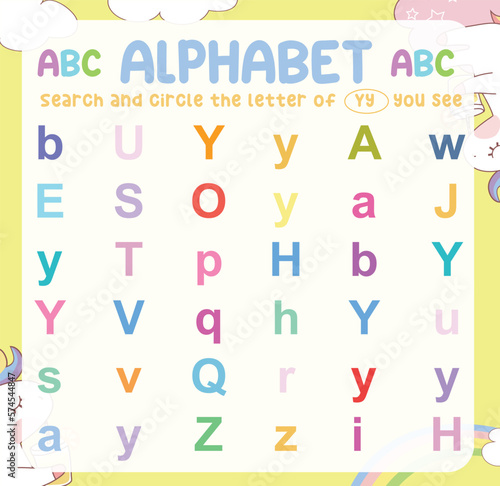 Search and circle the uppercase and lowercase of every Y letter on the worksheet. Learning the alphabet for kindergarten and preschool children. Colorful and printable page. Educational worksheet. 