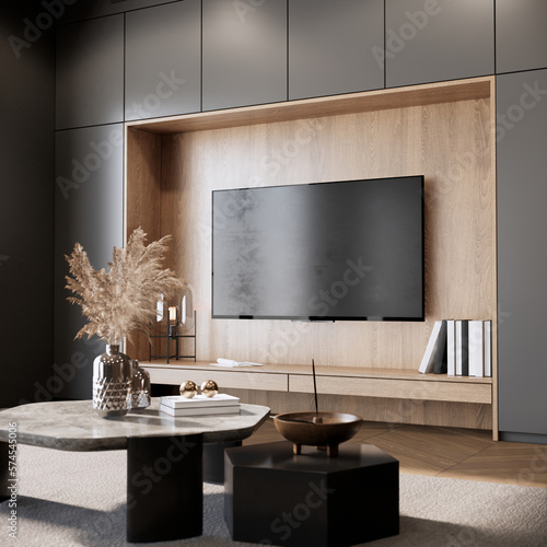 3d rendering modern living room interior design and decoration with built in cabinet and tv zone in wooden, parquet floor.