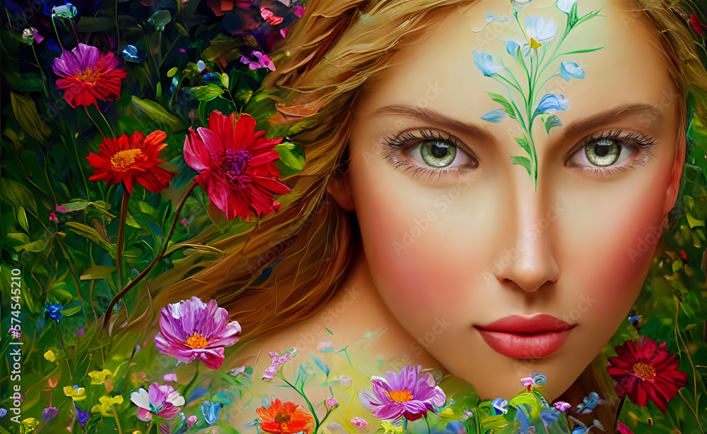 Close-up portrait of a young beautiful girl with green eyes, wild flowers in the background. Generative AI, Generative, AI