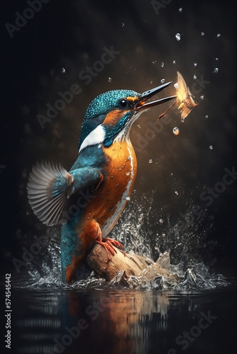 Beautiful kingfisher catching a fish, cinematic lighting. Spectacular photo of nature.